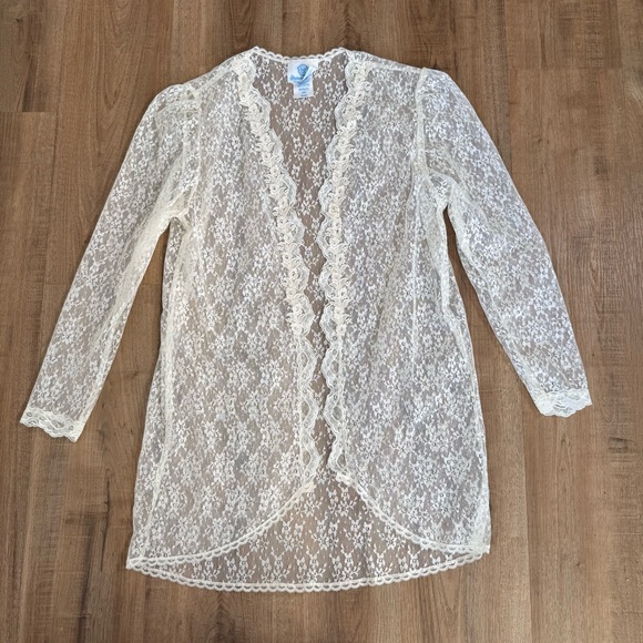 Vintage Undercover Wear Lace Sheer Open Robe Coquette Feminine Long Sleeve - Picture 1 of 7